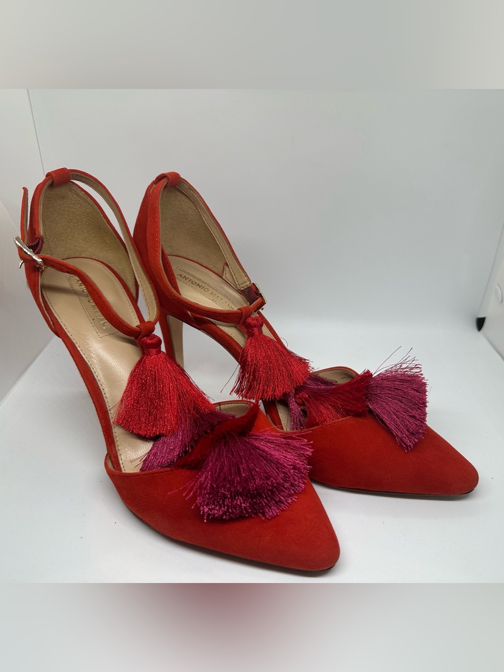 Antonio Melani Camalia Tomato Pure Red Suede Tassel Pointed Slingback Heels 8.5M - Picture 3 of 10
